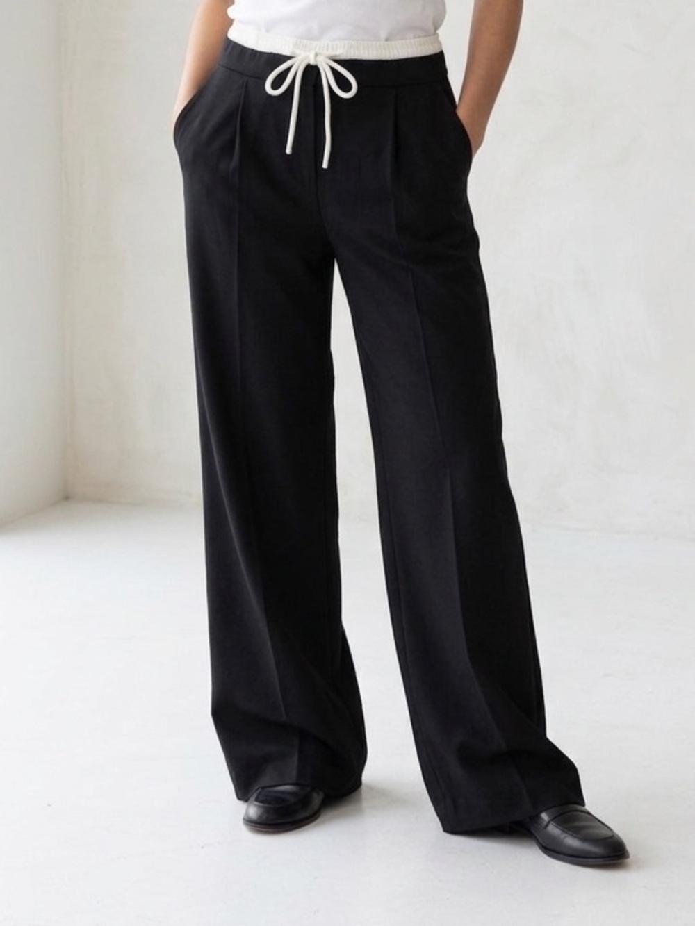 Zara Sz S Black White Satin Drawstring Waist Wide Leg Pants
